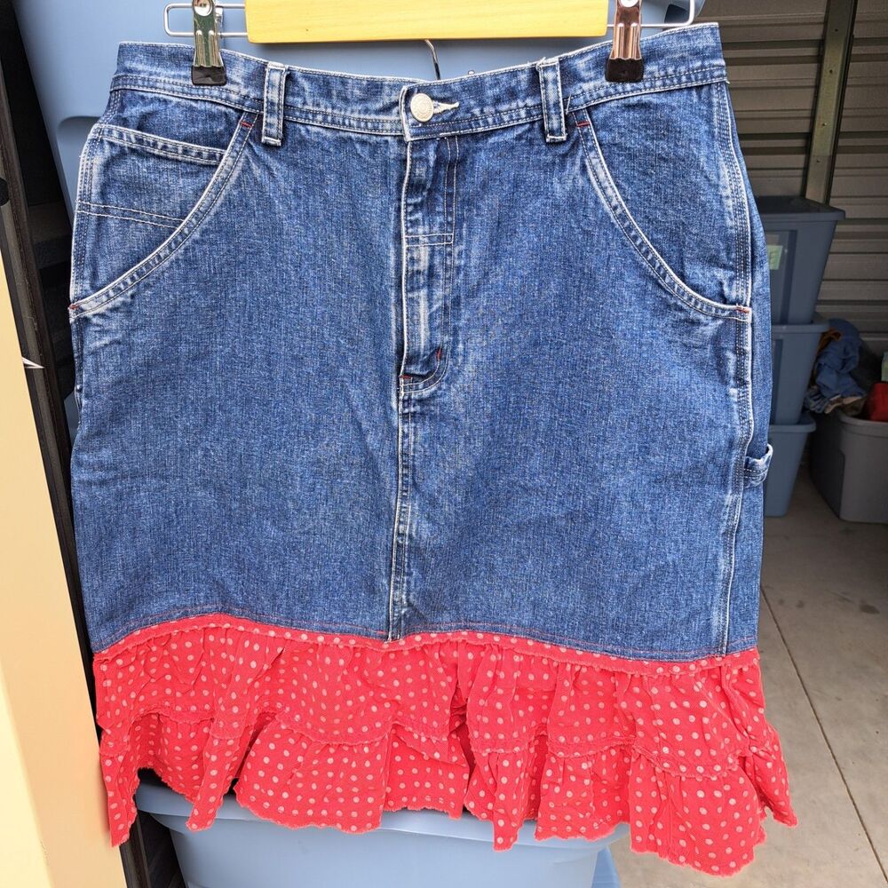 Vintage DIY Limited Jeans Cargo Ruffle Blue Jean Skirt Size 12 Large Polka Dot